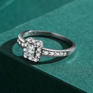 Elegant S925 sterling silver halo ring with a rectangle stone and diamond accents