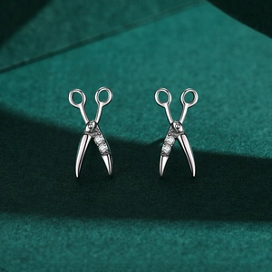 Creative S925 sterling silver scissor stud earrings with sparkling cubic zirconia accents