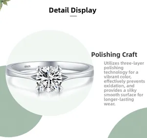 Detailed close-up of S925 sterling silver ring featuring a round solitaire diamond setting