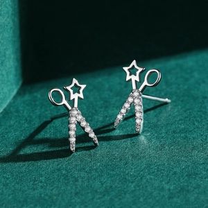 S925 sterling silver scissor stud earrings with hollow star and sparkling cubic zirconia