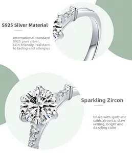 Detail of S925 silver ring featuring a six-prong set round cubic zirconia solitaire