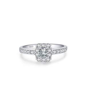 Elegant S925 sterling silver ring with halo emerald-cut rectangular cubic zirconia stone