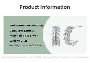 Detail view of S925 silver leaf stud earrings with dimensions and pave cubic zirconia