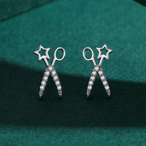Creative S925 silver star scissors stud earrings with sparkling cubic zirconia stones