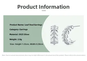 Detailed view of S925 sterling silver leaf studs with micro-pave crystals and dimensions