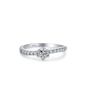 Elegant S925 sterling silver ring with six-prong brilliant diamond and wavy band design