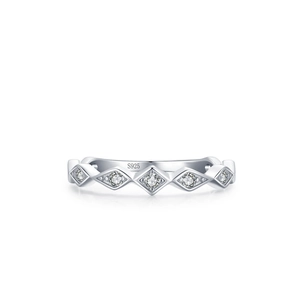 Minimalist S925 sterling silver geometric ring featuring micro-pave diamond rhombus design