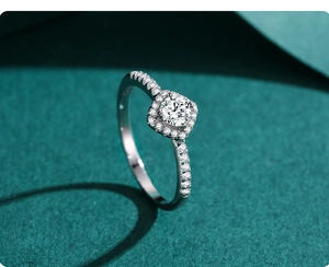 Macro detail of S925 silver ring featuring round zirconia and square halo setting