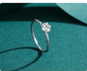 Détail de la bague en argent s925 avec serti à six griffes et anneau torsadé élégant