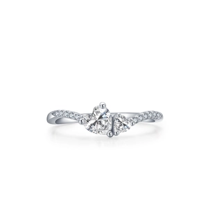 Elegant S925 sterling silver ring with double heart crystal gems and twisted pavé band
