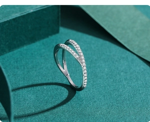 Macro detail of S925 silver ring featuring crisscross lines and micro-inlaid zircons