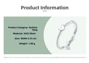 Macro detail of S925 sterling silver heart ring with zircon inlay and 0.35cm band width