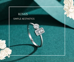 Detail of s925 silver ring featuring round and rectangular cubic zirconia stones