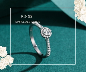 Macro shot of S925 sterling silver ring with brilliant round diamond and halo setting