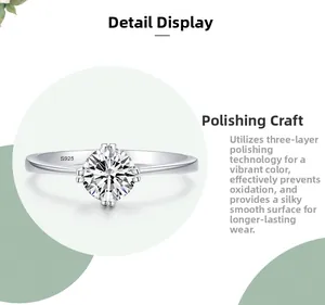 Detail of polished S925 sterling silver ring with four-prong set round cubic zirconia stone