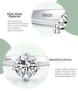 Detail of S925 sterling silver stamp and four-prong cubic zirconia setting on the ring