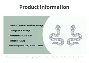 Detailed size specifications of S925 sterling silver snake earrings with white diamonds