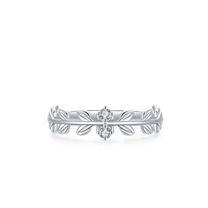 Bague élégante en argent sterling S925 avec motif de feuilles et deux zircons brillants