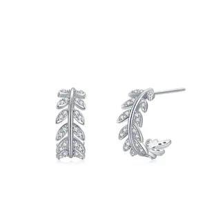 S925 Sterling Silver Leaf Stud Earrings For Women Pave Rhinestone Dainty Botanical Earring Fashion Jewelry Gift