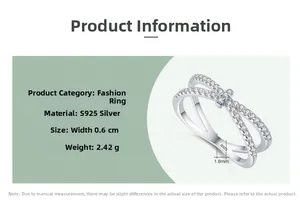 Detailed specs of S925 silver criss-cross ring with white zircon stones and dimensions