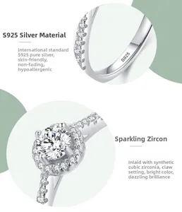 Close-up of S925 sterling silver ring featuring round cubic zirconia and claw setting detail