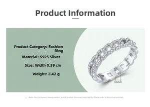 Detailed view of S925 silver chain ring with pavé diamonds showing 0.39cm width and 2.42g weight