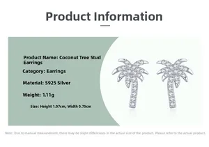 Detail of S925 silver palm tree stud earrings with dimensions and weight specs