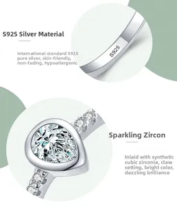 Macro detail of S925 sterling silver ring showing the pear-cut cubic zirconia and hallmark