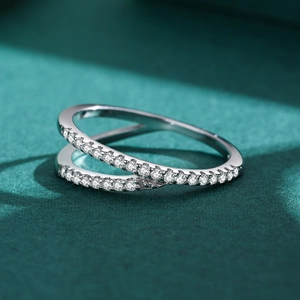 S925 sterling silver geometric crisscross ring with micro-pave cubic zirconia accents