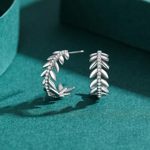 S925 sterling silver olive leaf stud earrings featuring delicate micro-pave cubic zirconia