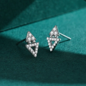 S925 sterling silver geometric triangle stud earrings with shimmering pave cubic zirconia