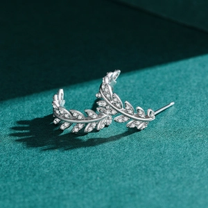 Elegant S925 sterling silver leaf stud earrings with sparkling pavé cubic zirconia
