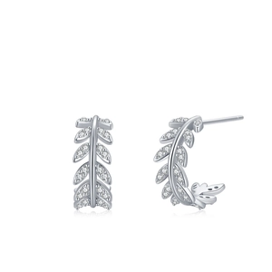 Sparkling S925 sterling silver leaf stud earrings with pavé white zircon stones