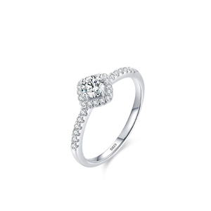 Elegant S925 sterling silver square halo ring featuring a round zircon center stone