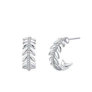 Elegant S925 sterling silver olive leaf stud earrings with pavé cubic zirconia accents
