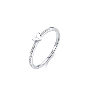 Minimalist S925 sterling silver heart ring with sparkling cubic zirconia on a white background