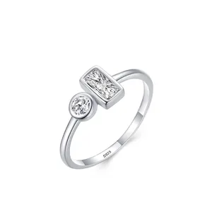 Minimalist S925 Sterling Silver Round Rectangular Rhinestone Geometric Finger Ring For Women Fashion Jewelry Wedding Gift