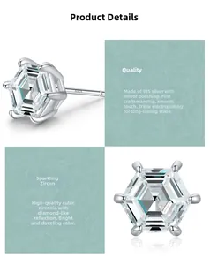 Macro detail of S925 sterling silver hexagonal stud earrings with sparkling zirconia