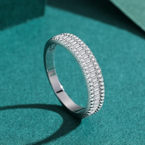 S925 sterling silver triple-row ring with baguette and round cut cubic zirconia