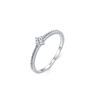 S925 Sterling Silver Solitaire Ring For Women Fresh Simple Rhinestone Ring With Wheat Pattern Band Fashion Jewelry Finger Gift
