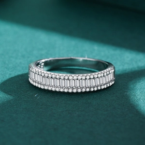 Luxury S925 silver ring featuring baguette-cut and round zircon stones in a pavé setting