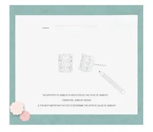 Detailed design sketch of S925 sterling silver square-cut stud earrings with four-prong setting