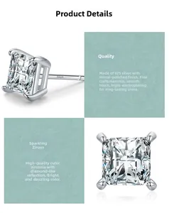 Detailed views of S925 sterling silver square zircon stud earrings with polished finish