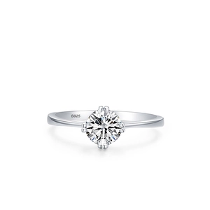 Classic S925 sterling silver four-prong solitaire ring with a brilliant round cut stone