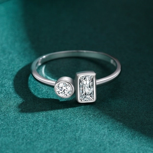 Minimalist S925 sterling silver ring with dual round and rectangular sparkling zircon stones