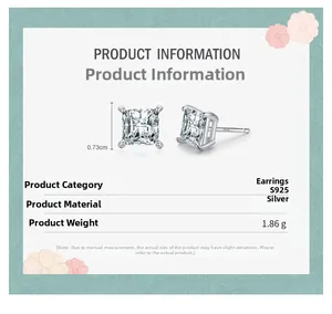 Detail view of S925 sterling silver square stud earrings measuring 0.73cm wide