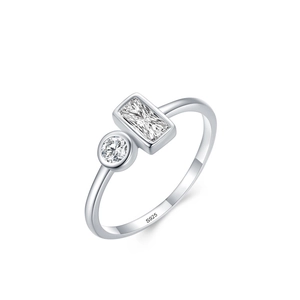 Minimalist S925 sterling silver ring featuring geometric rectangular and round crystals