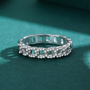 S925 sterling silver Cuban link ring featuring pavé set cubic zirconia in white gold finish