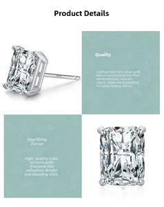Macro detail of S925 sterling silver stud earring with rectangular cubic zirconia stone