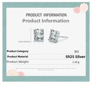 Detail showing S925 sterling silver stud earrings with rectangle radiant cut cubic zirconia